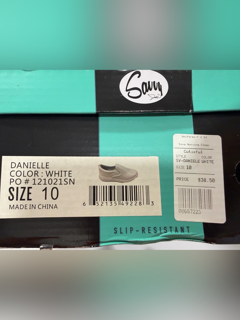Savvy White Slip-On Sneakers with Teal Box - Picture 2 of 9